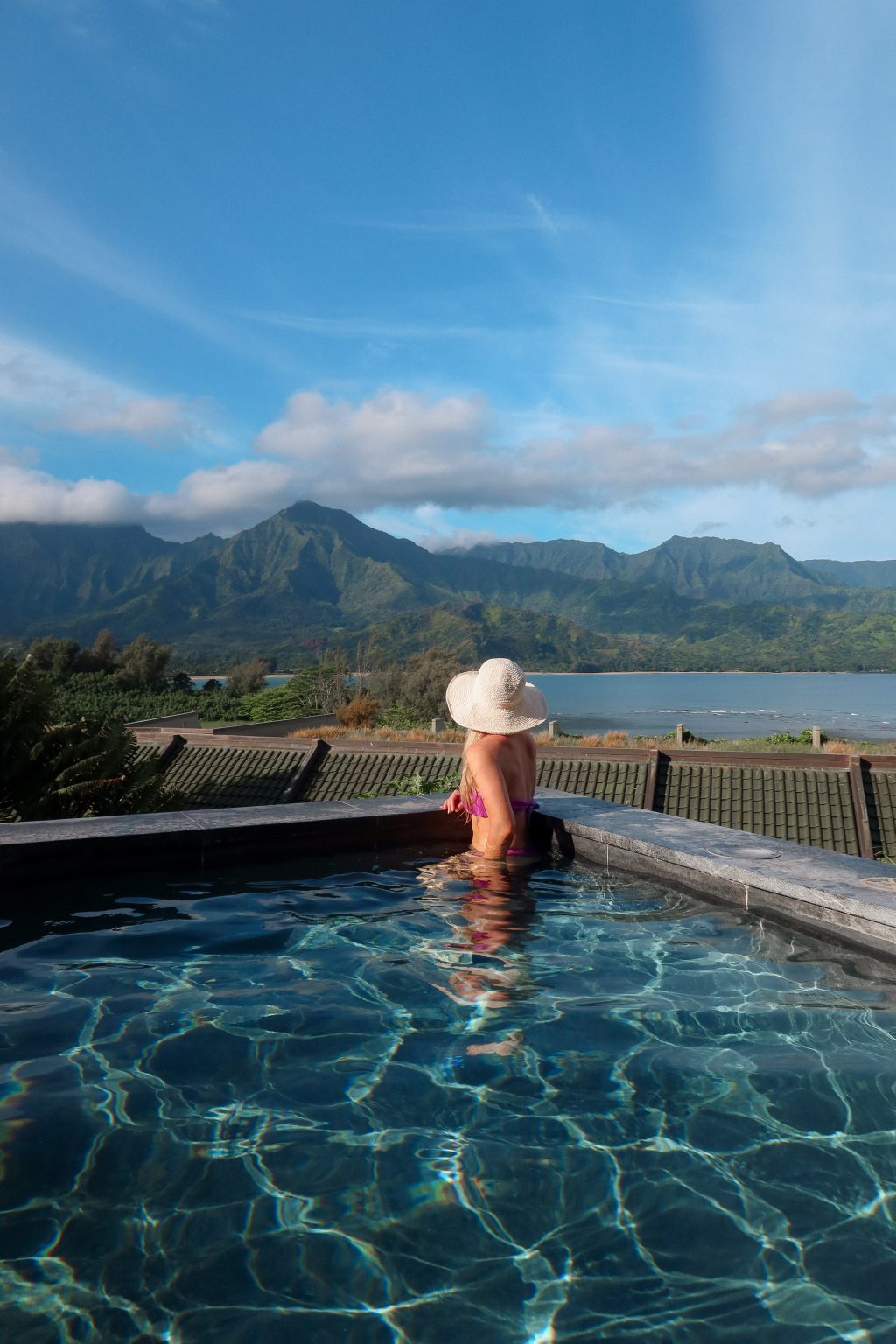 Hanalei Bay sunrise Kauai mountains beach calm ocean