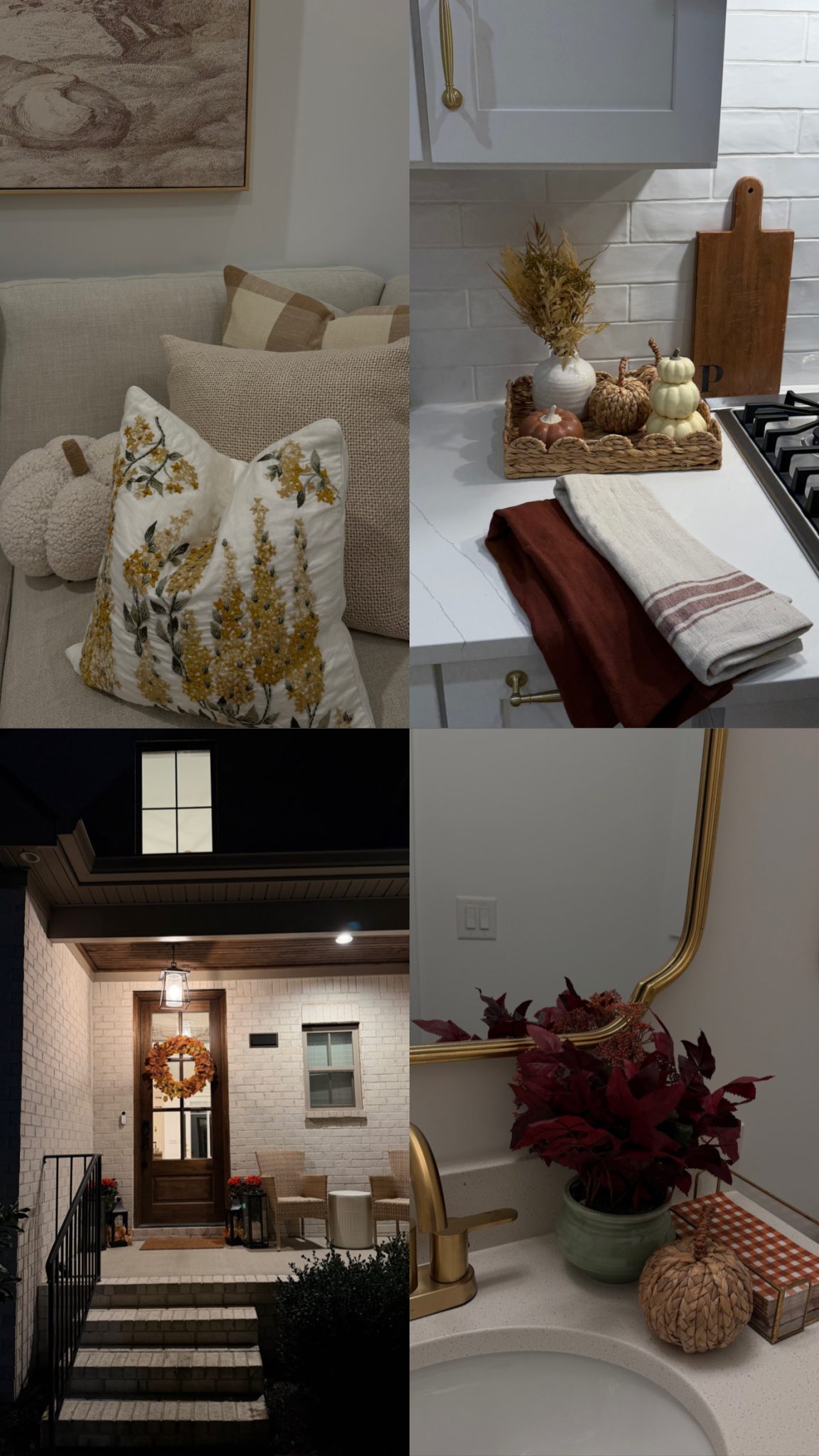 Decorating a warm neutral home for fall with golden autumn branches, pumpkins and classic seasonal decor.